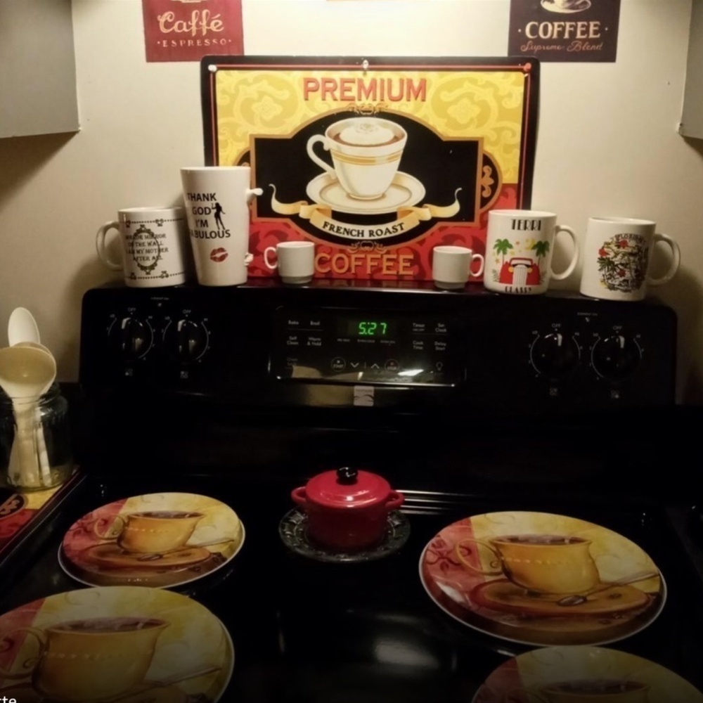 Stove Range Covers Coffee Themed Metal Round Set of 4 Gold Multicolor - Picture 4 of 14